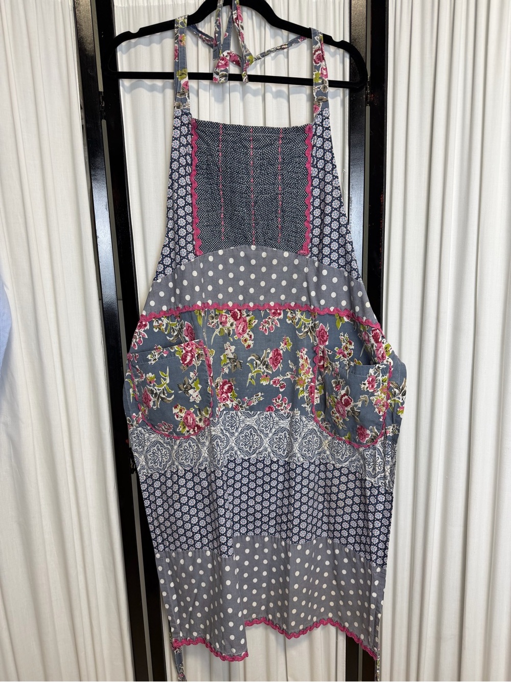 Sur La Table Navy and White Polka Dot Apron with Floral Trim